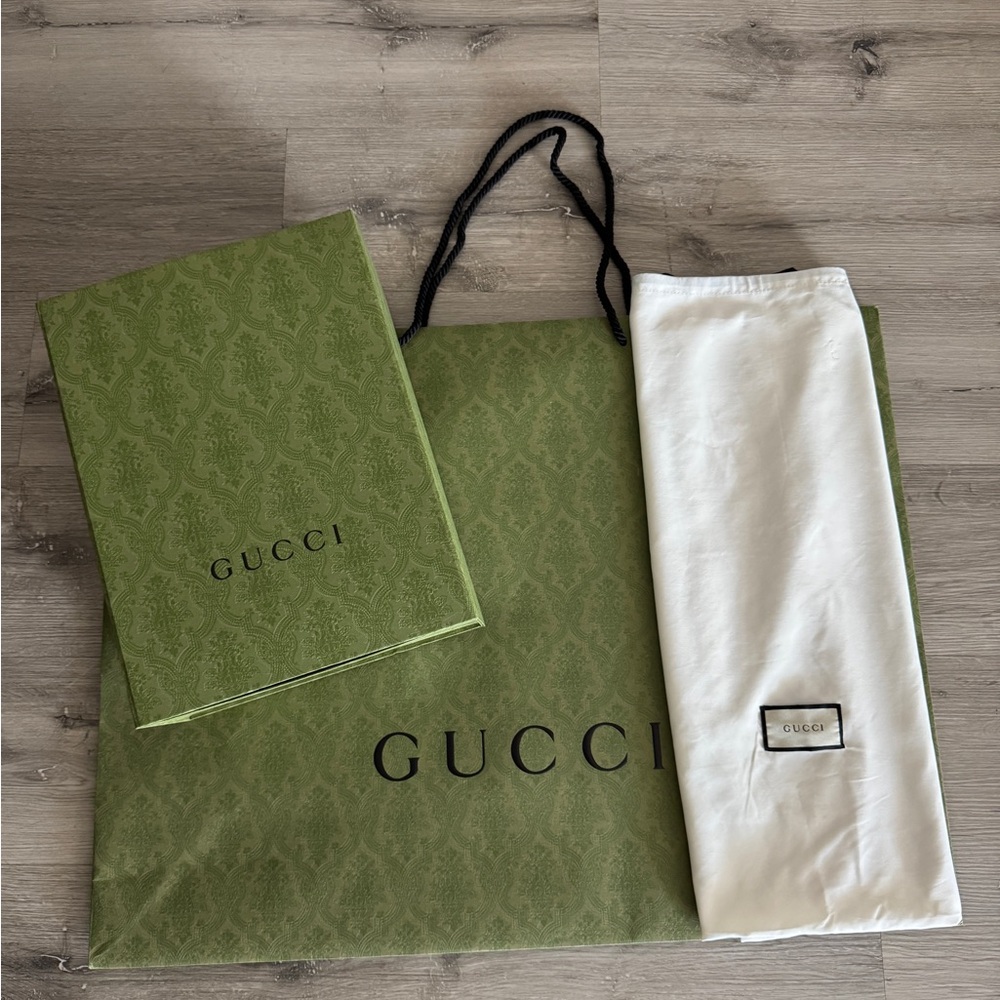 Gucci Olive Green Damask box, shopping bag and dust bag.